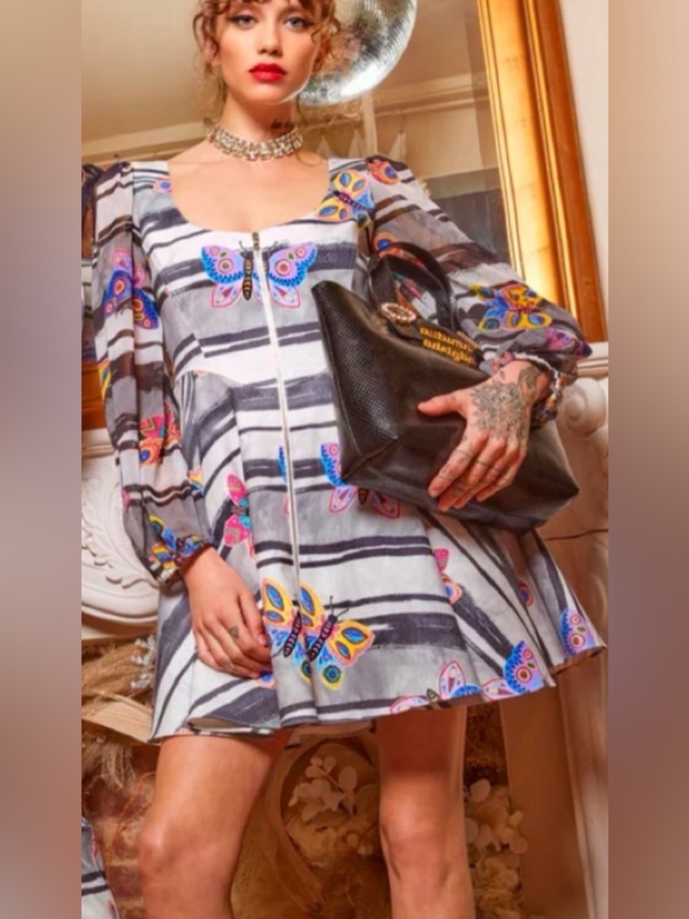 Autumn Adeigbo Striped MultiColored Cache Artsy Butterfly Zip ALine Dress NWT 12